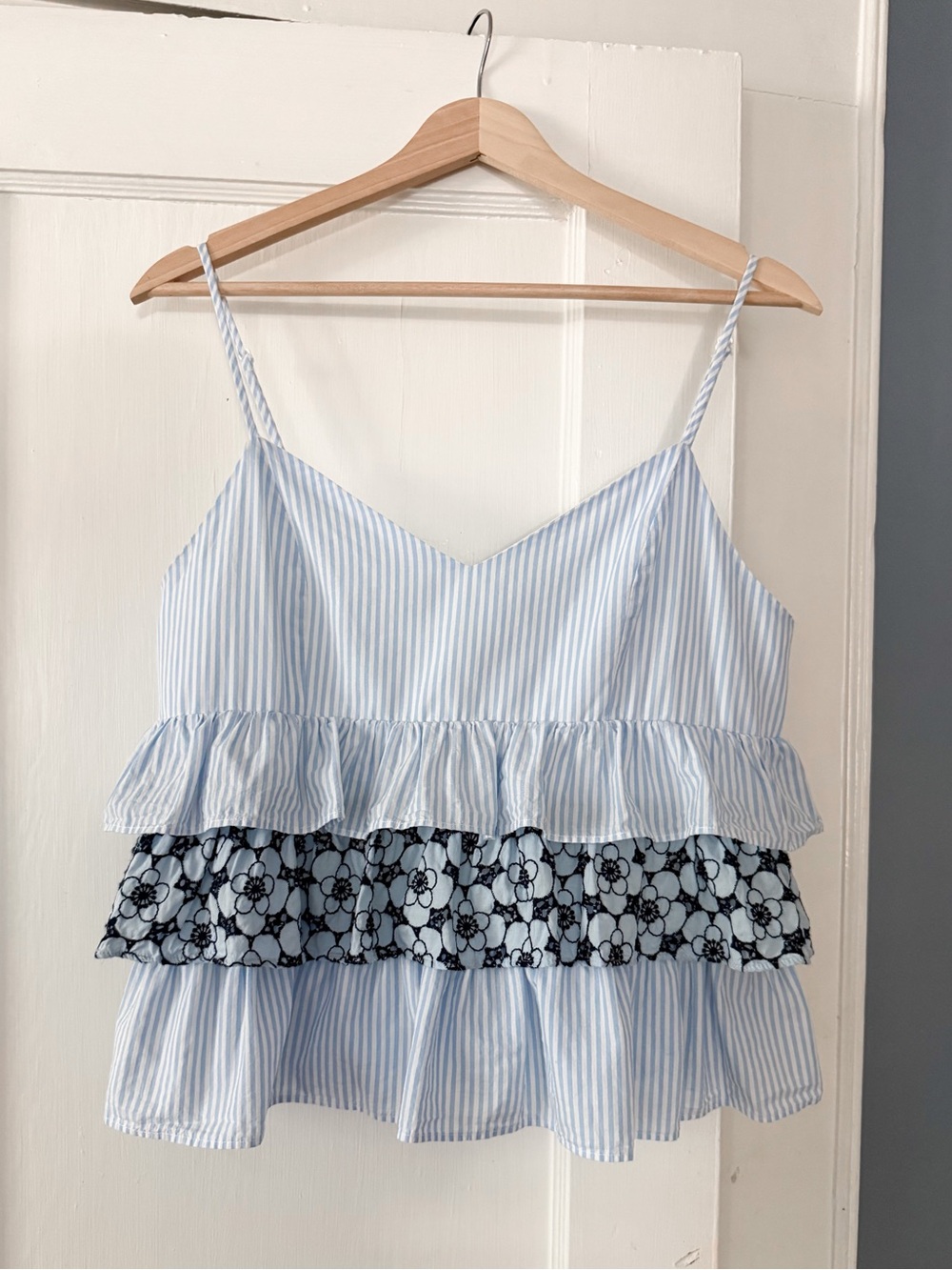 English Factory Light Blue Striped Ruffle Tiered Cami Top